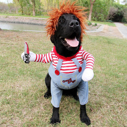Funny Halloween pet costume for dogs, adjustable cosplay outfit with a humorous design, perfect for festive pet dress-up.