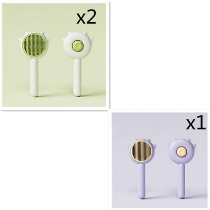 Cat Comb Hair Removal Brush set featuring two green heads and one purple head for effective pet grooming and massage.