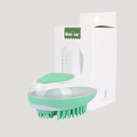 Soft silicone pet bath brush with massage and grooming features, ideal for gentle cleaning and pet care.