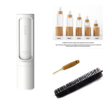My Store reusable pet hair remover brush with self-cleaning lint roller showing pet hair removal on clothing and furniture.