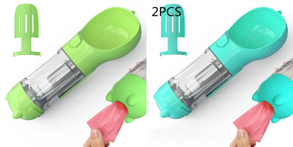 Portable pet dog water bottle with travel feeder and waste bag holder, compact and convenient for outdoor walks and travel.