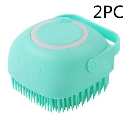 Silicone dog bath massage brush with shampoo dispenser, pet grooming tool, soft bristles for gentle cleaning and massaging pets