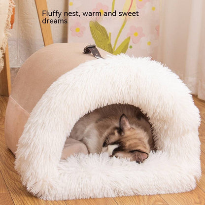 Soft, cozy portable pet nest bed for dogs and cats, featuring plush fabric and supportive sides for comfort.