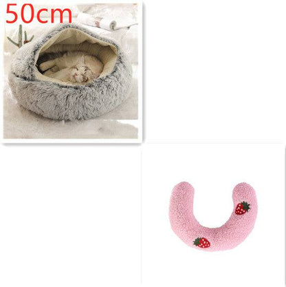 Soft, plush 2-in-1 pet bed for cats and dogs, featuring a cozy, self-warming house design for warmth and comfort.