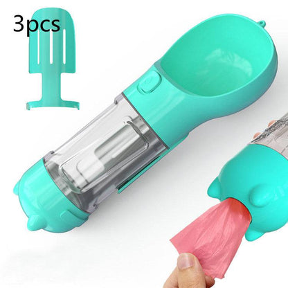 Portable My Store 3-in-1 dog water bottle travel feeder and waste bag holder, compact pet accessory for outdoor walks.