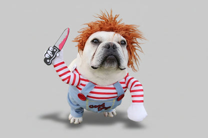 Funny Halloween pet costume for dogs with adjustable cosplay clothes, featuring playful design and vibrant colors.