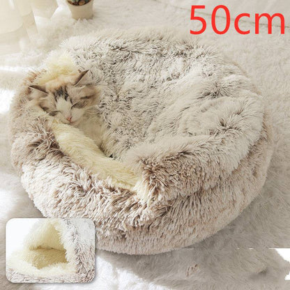 Soft plush 2-in-1 pet bed by My Store, cozy self-warming house for cats and dogs, with a cushioned, warm interior.