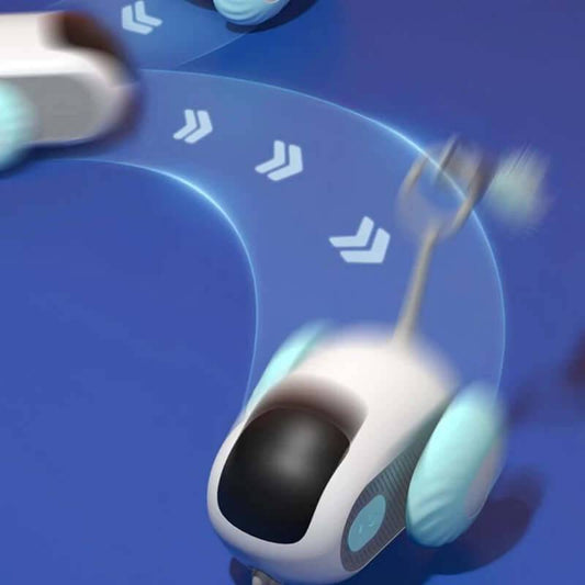 Interactive Cat Car Toy in action, featuring a self-moving design with blue wheels and a curving path.