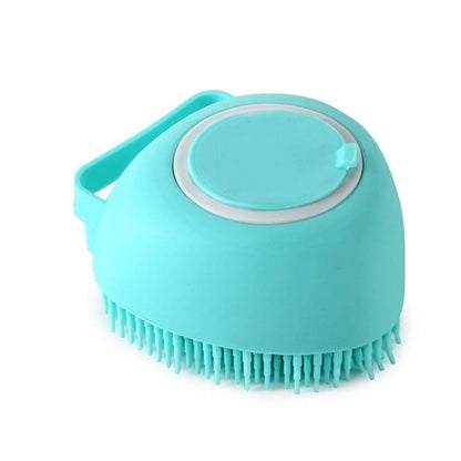 Silicone dog bath massage brush with shampoo dispenser, pet grooming tool, soft bristles, suitable for bathing and massaging dogs.