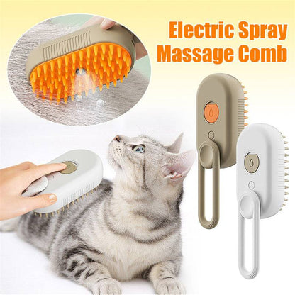 My Store 3-in-1 electric steam pet grooming brush with massage and hair removal features, showing the device in use on a pet.