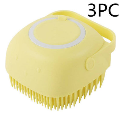 Silicone dog grooming brush from My Store with shampoo dispenser, featuring a textured massage surface for pet bath grooming.