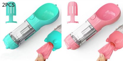 Portable pet water bottle with travel feeder and waste bag holder, ideal for dogs during outdoor trips and walks.