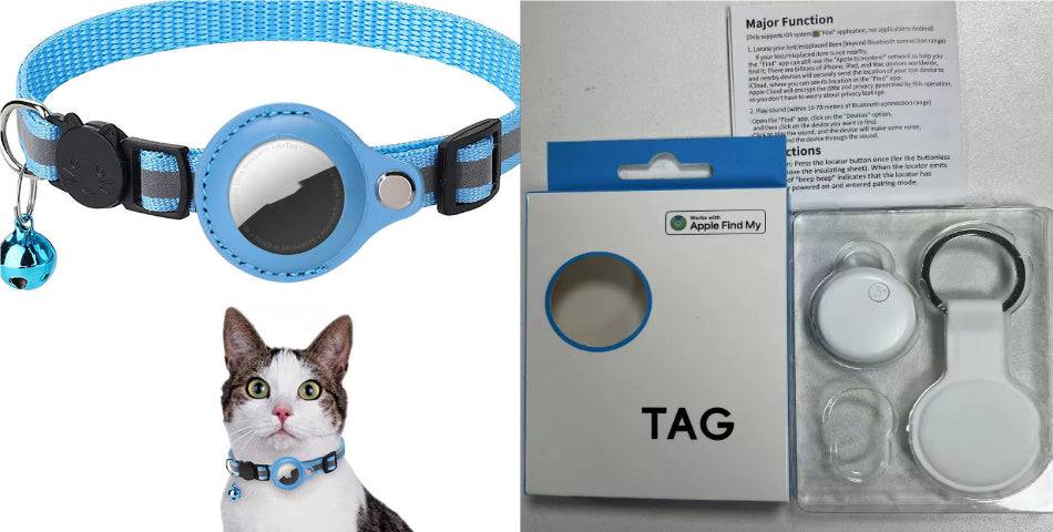 Reflective waterproof AirTag pet collar holder for dogs and cats, featuring adjustable strap and reflective accents for visibility.