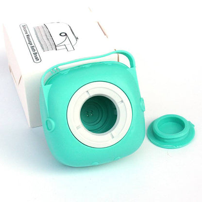 Silicone dog grooming brush with shampoo dispensing feature, pet massage tool for bathing and grooming dogs.