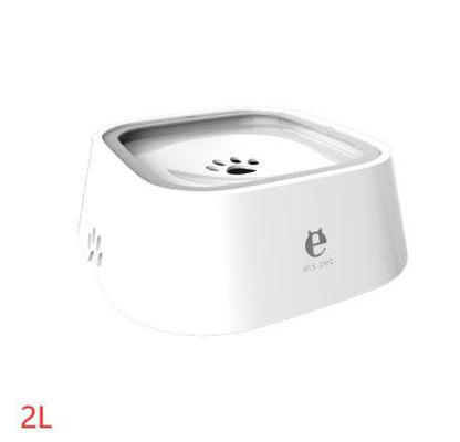 Pet water bowl for dogs and cats, 1.5L anti-overflow design, clear plastic with water inside, suitable for pets.