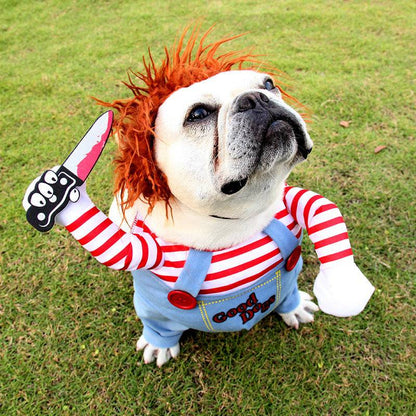 Funny Halloween pet costume for dogs, adjustable cosplay outfit with playful design, perfect for festive pet dress-up.