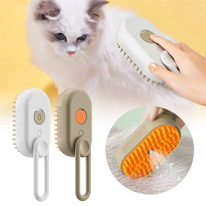 My Store 3-in-1 electric steam pet brush showing a pet grooming, massage, and hair removal device with steam vents and ergonomic design.