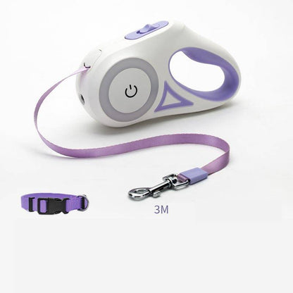 Retractable dog leash with built-in light for secure night walks, featuring a durable design and comfortable grip.