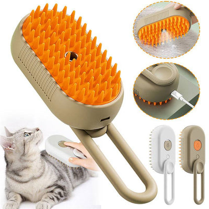 My Store 3-in-1 electric steam pet brush showing a pet grooming tool with steam vents, massage bristles, and hair removal features.