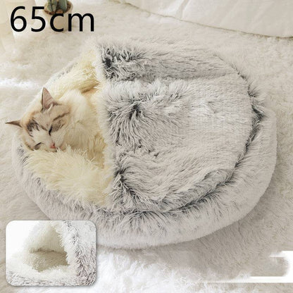 Soft, plush 2-in-1 warm pet bed by My Store, cozy self-warming house for cats and dogs, with plush interior and rounded shape.