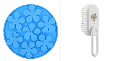My Store 3-in-1 electric steam pet brush for grooming, massage, and hair removal, shown with pet fur and steam features.