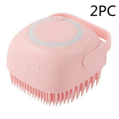 Silicone dog bath massage brush with shampoo dispenser, grooming tool for pet bathing and de-shedding.