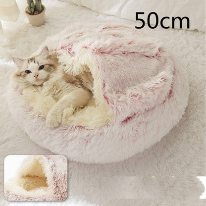Soft plush 2-in-1 warm pet bed for cats and dogs, cozy self-warming house with cushioned interior for comfort.