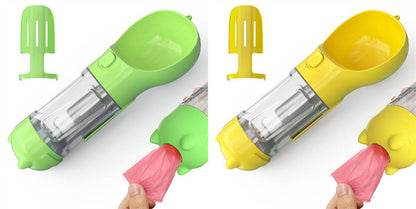 Portable pet water bottle and travel feeder with waste bag holder, ideal for dog walks and outdoor adventures.