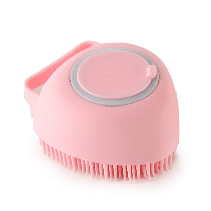 Silicone dog bath massage brush with shampoo dispenser, pet grooming tool for gentle, effective cleaning and massaging.
