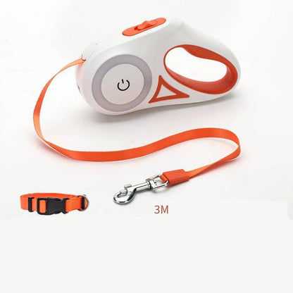 Retractable dog leash with built-in light for safe night walks, featuring a sturdy handle and secure locking mechanism.