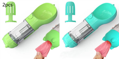 Portable My Store 3-in-1 pet dog water bottle, travel feeder, and waste bag holder with compact design and secure cap.