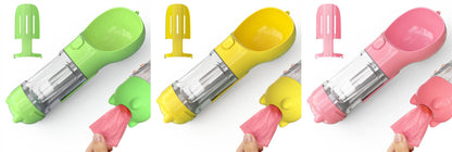 My Store 3-in-1 portable dog water bottle, travel feeder, and waste bag holder, compact pet accessory for outdoor walks.