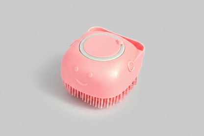 Silicone dog bath massage brush and shampoo dispenser, pet grooming tool with ergonomic design for easy bathing and cleaning.