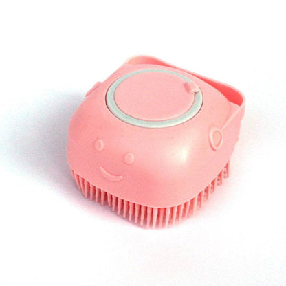 Silicone dog bath massage brush with shampoo dispenser, pet grooming tool for effective bathing and cleaning.