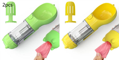 Portable 3-in-1 dog water bottle, travel feeder, and waste bag holder for pets, with compact design and practical features.