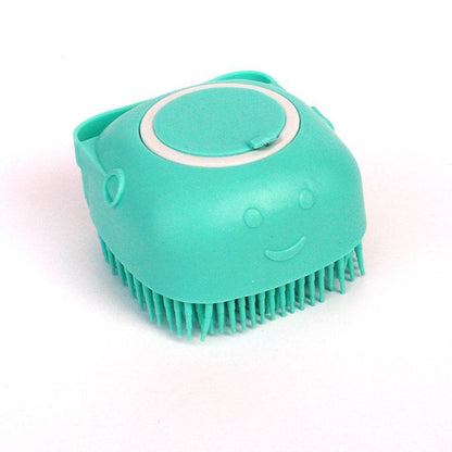 Silicone dog bath massage brush with shampoo dispenser, pet grooming tool for soothing baths and easy shampoo application.