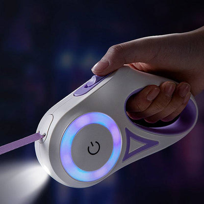 Retractable dog leash with built-in light for secure night walks, featuring adjustable length and durable design.