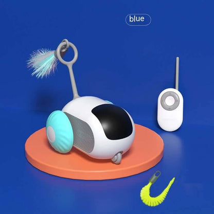 Interactive Cat Car Toy in blue with remote control and feather teaser on orange platform for feline entertainment.