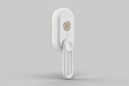 Electric steam pet brush from My Store with grooming, massage, and hair removal features, showing a pet being brushed and massaged.