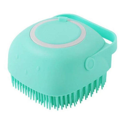 Silicone dog bath massage brush with shampoo dispensing feature, pet grooming tool, My Store brand, designed for easy bathing.