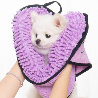 Microfiber pet bath towel from My Store, super absorbent and quick-drying pet robe shown draped over a small dog.