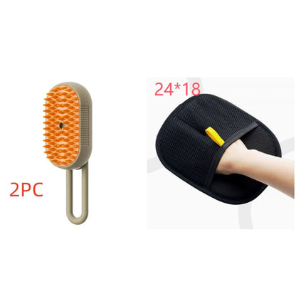 Electric 3-in-1 pet grooming brush by My Store with steam, massage, and hair removal features, shown in use on a furry pet.