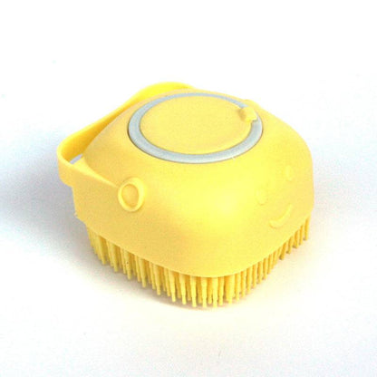 Silicone dog bath massage brush with shampoo dispenser, pet grooming tool from My Store showing textured bristles and ergonomic design.