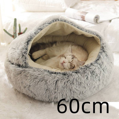 Soft, plush 2-in-1 warm pet bed for cats and dogs, featuring a cozy self-warming house design for comfort.