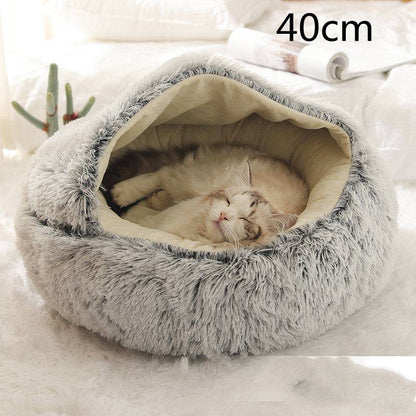 Soft, plush 2-in-1 pet bed by My Store, cozy self-warming house for cats and dogs, with a cushioned, enclosed interior.