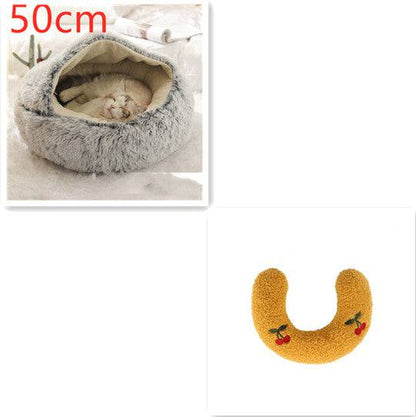Soft, plush 2-in-1 warm pet bed for cats and dogs, cozy self-warming house with cushioned interior for comfort and security.