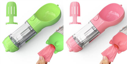 Portable pet 3-in-1 water bottle, travel feeder, and waste bag holder for dogs, with a compact design and easy-to-use features.