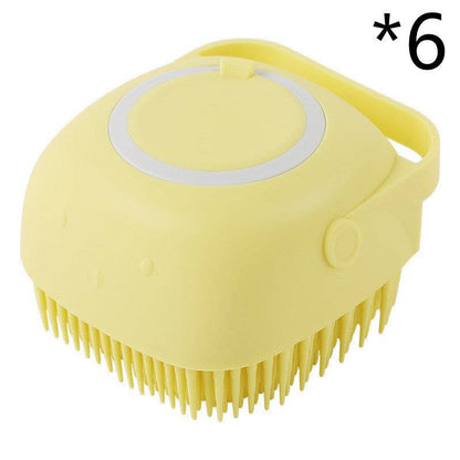 Silicone dog grooming brush with shampoo dispensing feature, pet bath massage tool for easy cleaning and grooming.