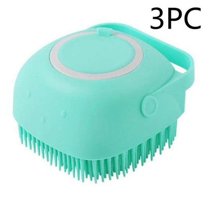 Silicone dog bath massage brush with shampoo dispenser, pet grooming tool, pink and blue silicone bristles for easy cleaning and massaging.