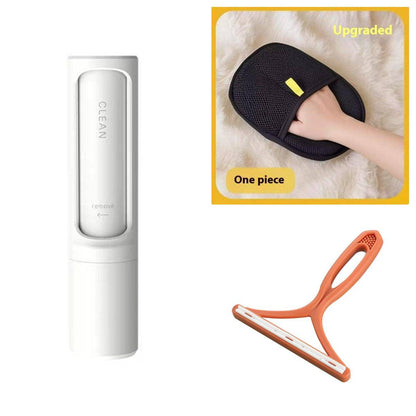 Reusable pet hair remover brush with self-cleaning lint roller, portable design for quick pet hair removal from clothing and furniture.